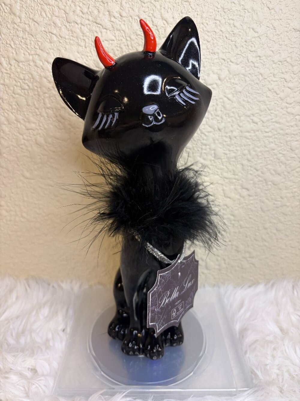 Bella Lux Black Devil Cat Figurine Gothic Halloween Decor Feather Boa Red Horns
